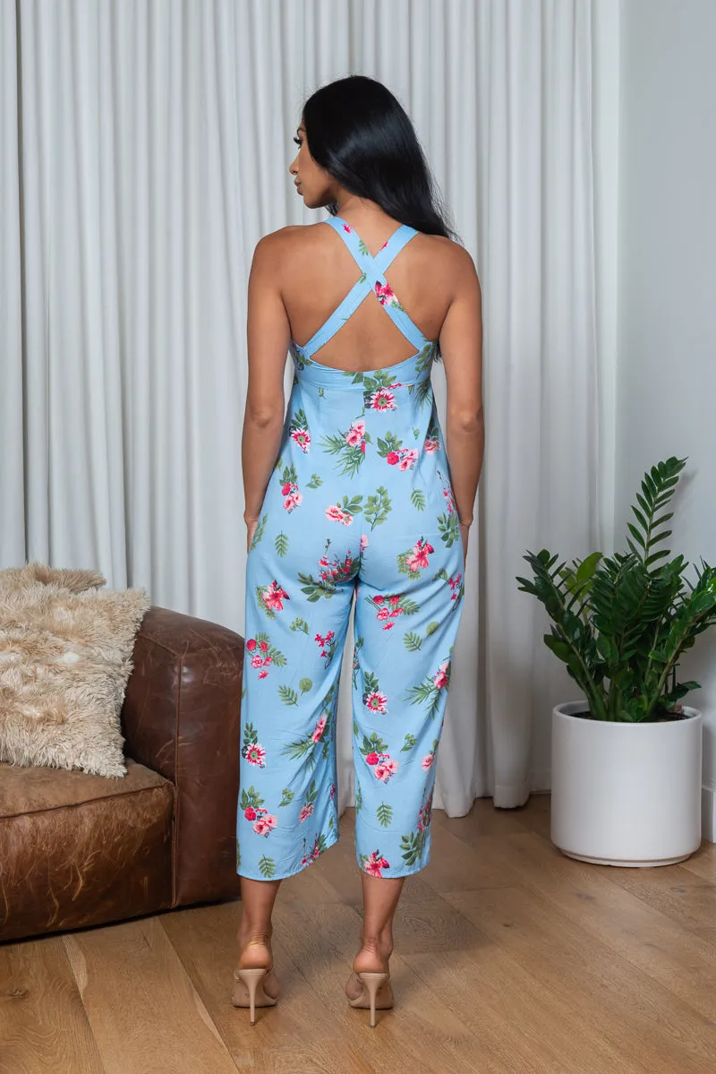 Floral Print Sweetheart Neck Sleeveless Criss Cross Back Jumpsuit in Blue (1751031)