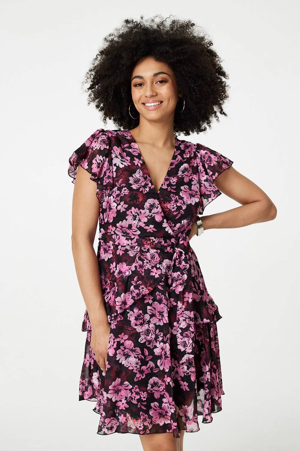 Floral Tie-Waist Ruffled Mini Dress