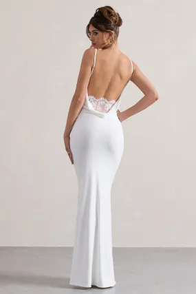 Francoise | White Cowl Neck Backless Maxi Dress With Lace Insert