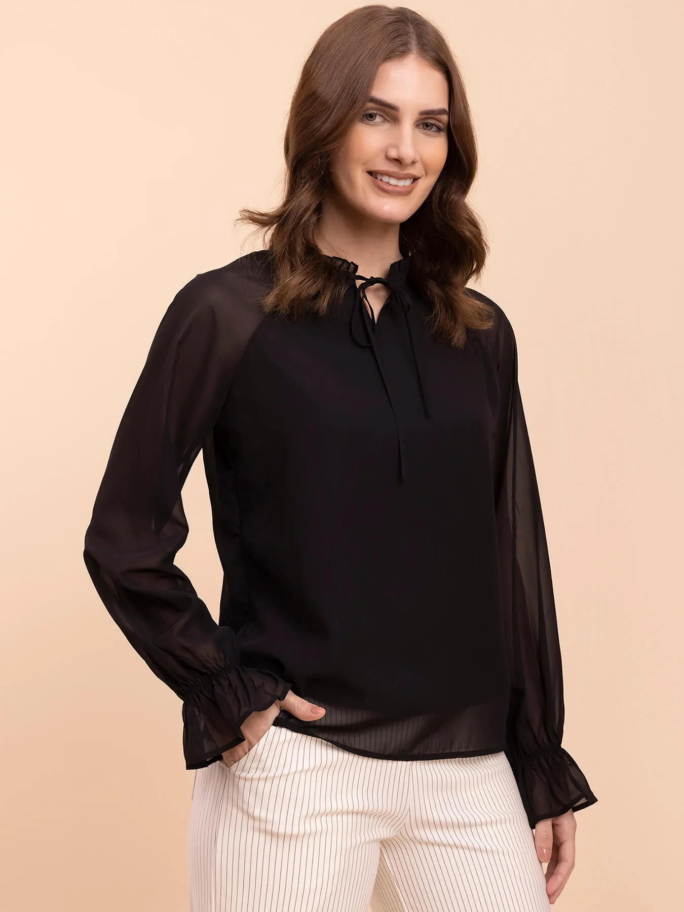 Georgette Ruffle Tie-Up Neck Top - Black