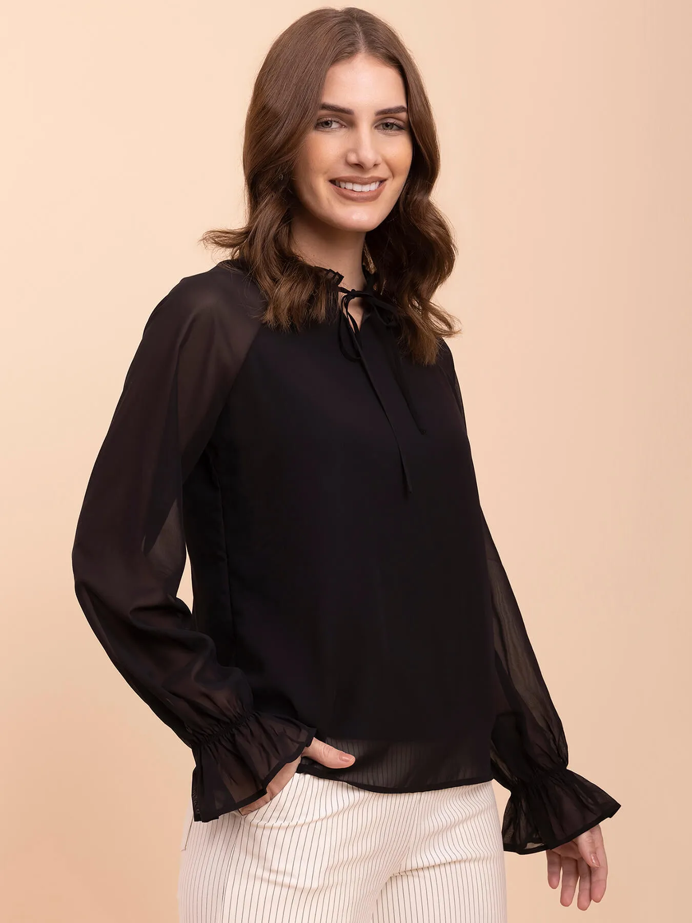 Georgette Ruffle Tie-Up Neck Top - Black