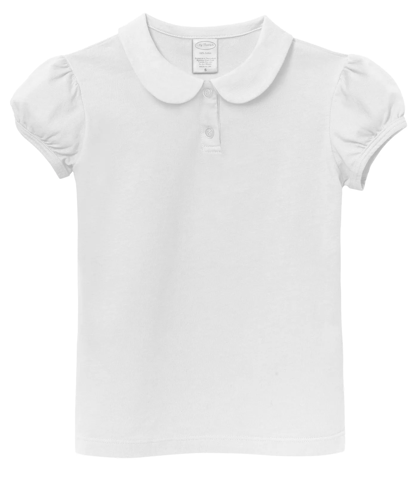 Girls Soft Cotton Jersey Peter Pan Collar Polo Puff Short Sleeve Tee-Seconds | Damage White