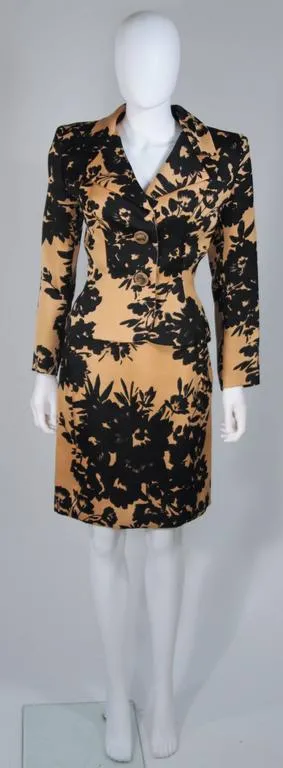 GIVENCHY 1980s Apricot Brown and Black Floral Print Suit Size 6-8