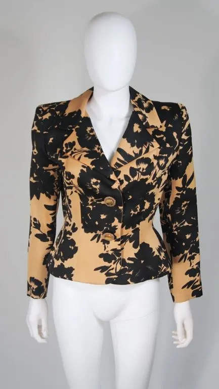 GIVENCHY 1980s Apricot Brown and Black Floral Print Suit Size 6-8