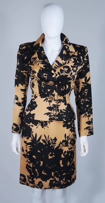 GIVENCHY 1980s Apricot Brown and Black Floral Print Suit Size 6-8