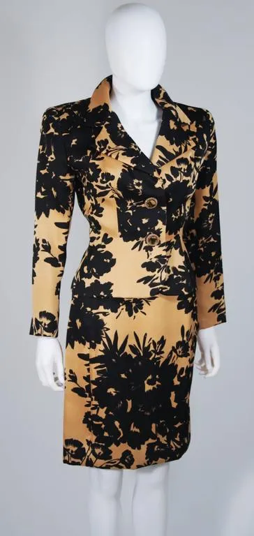 GIVENCHY 1980s Apricot Brown and Black Floral Print Suit Size 6-8