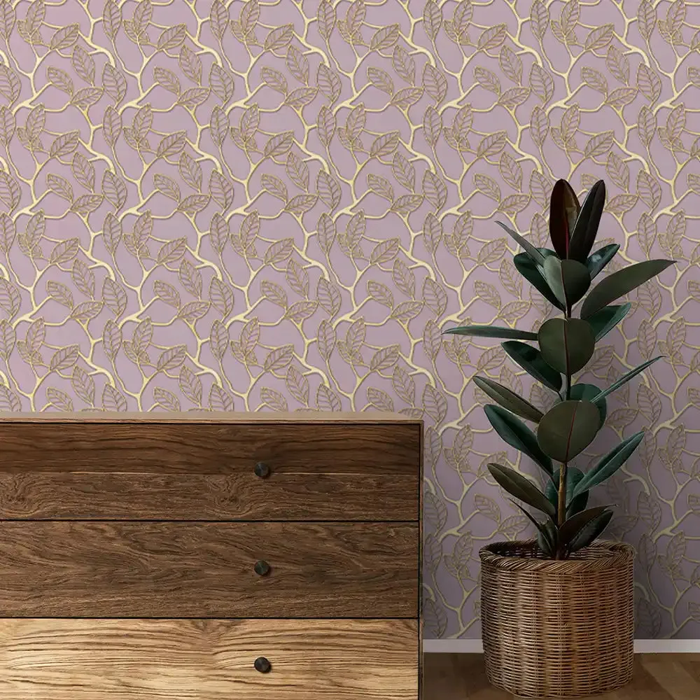 Golden Leaves Design Wallpaper Roll in Pink Color