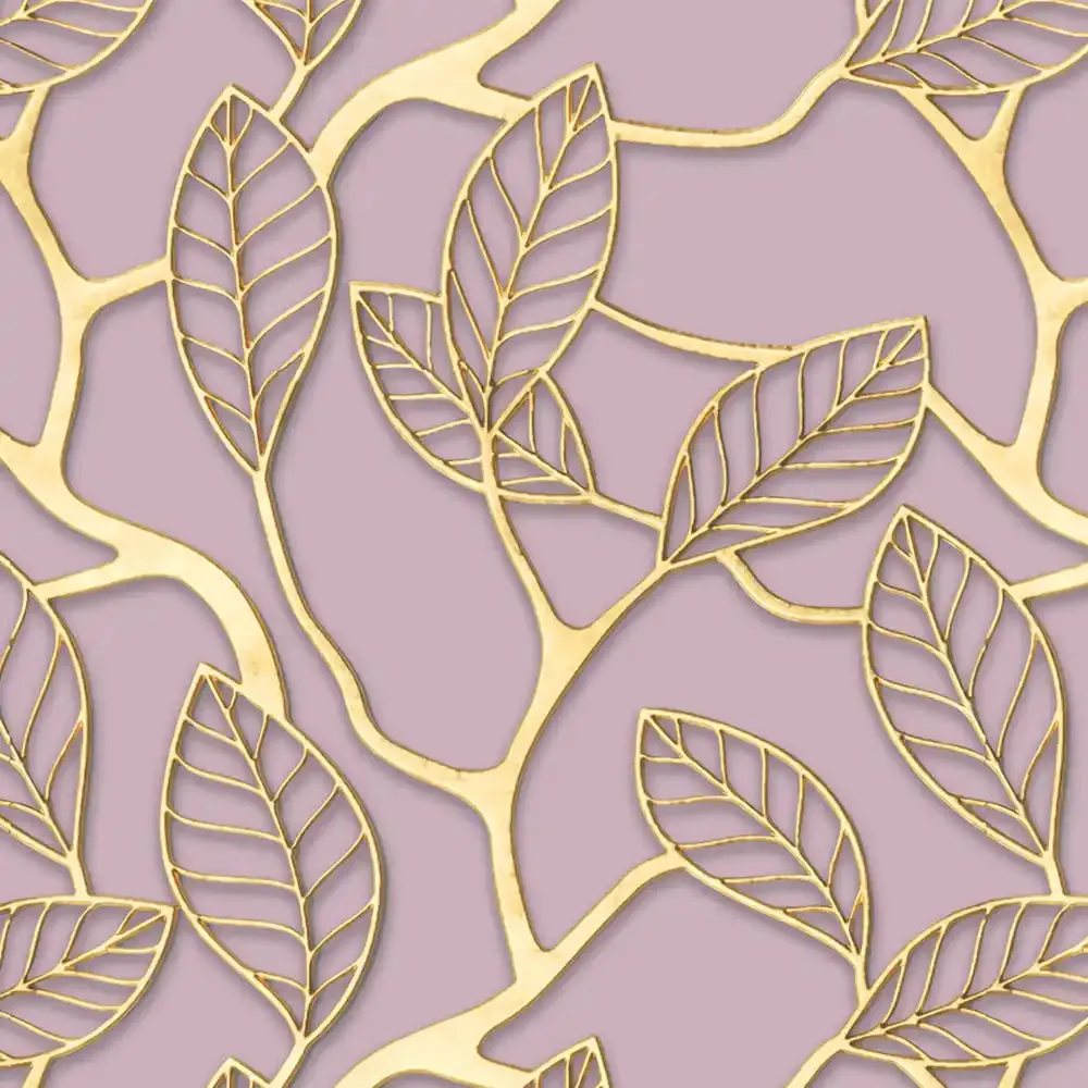 Golden Leaves Design Wallpaper Roll in Pink Color