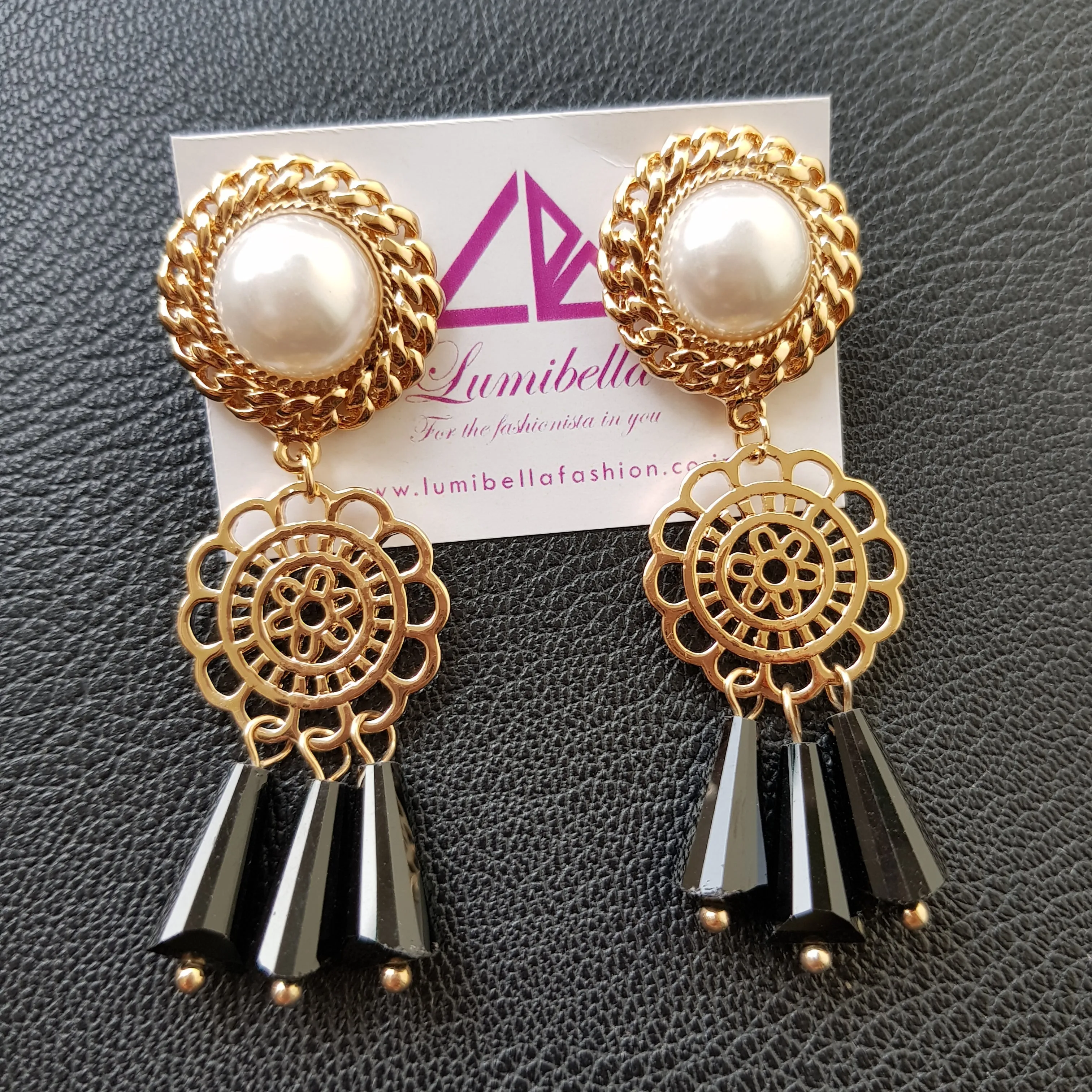 Golden Polish Designer Earrings With Black Charms