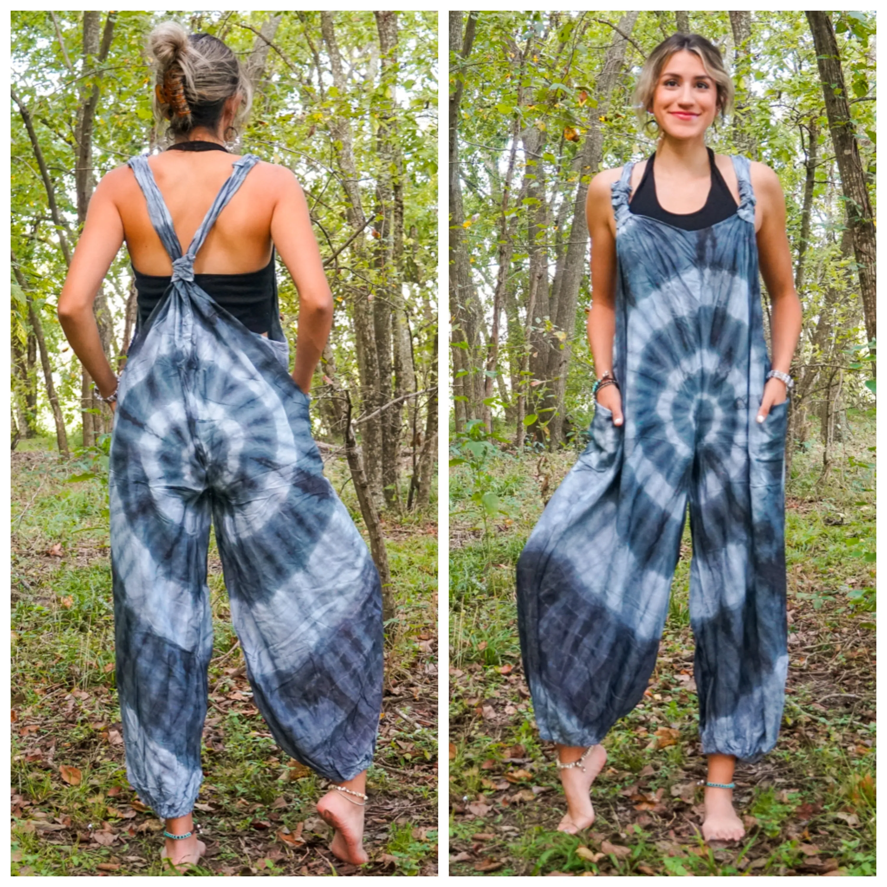 Gray Hand Dyed Hippie Racerback Dungarees Jumpsuit Romper