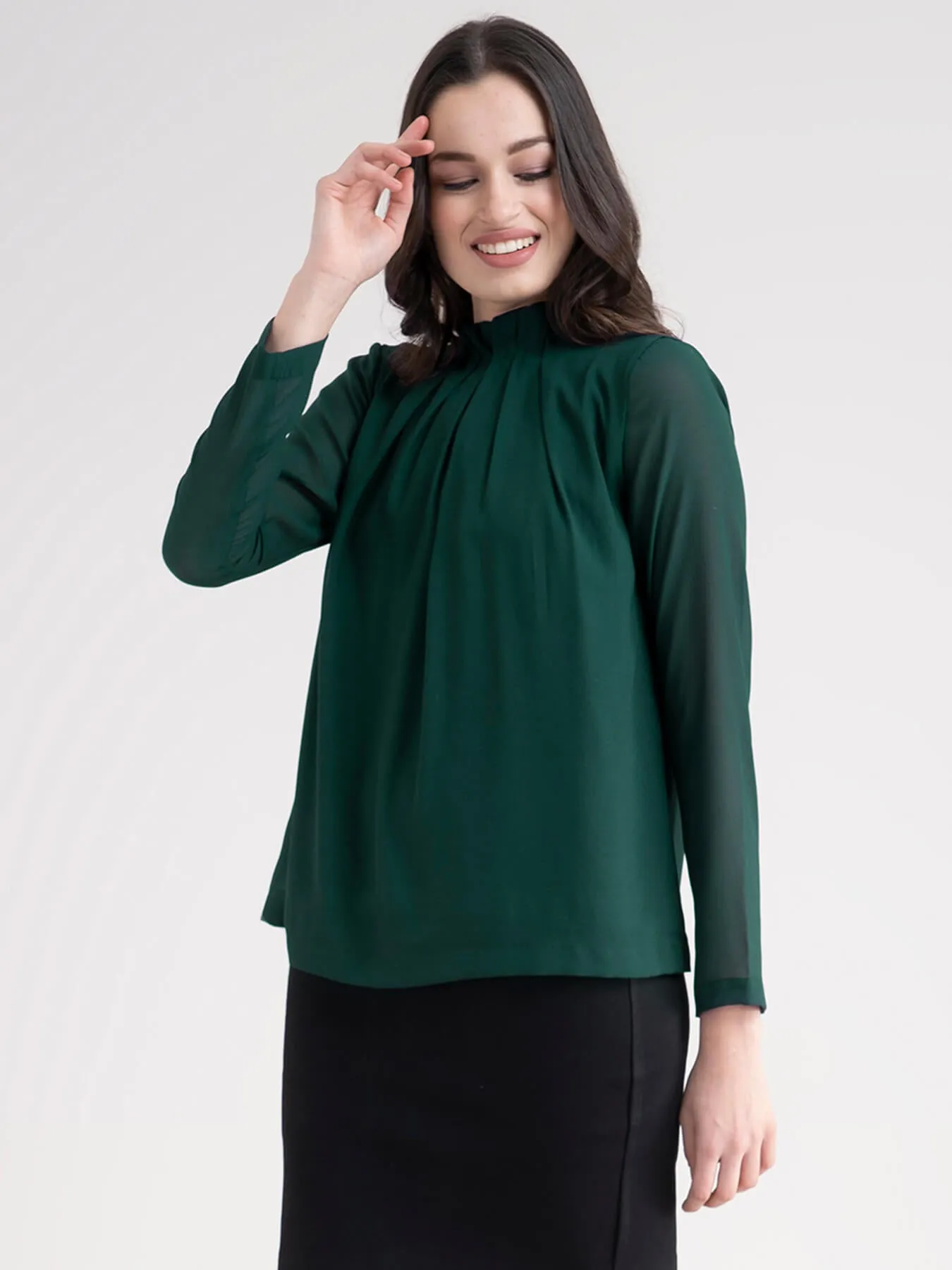 High Neck Box Pleats Top - Bottle Green