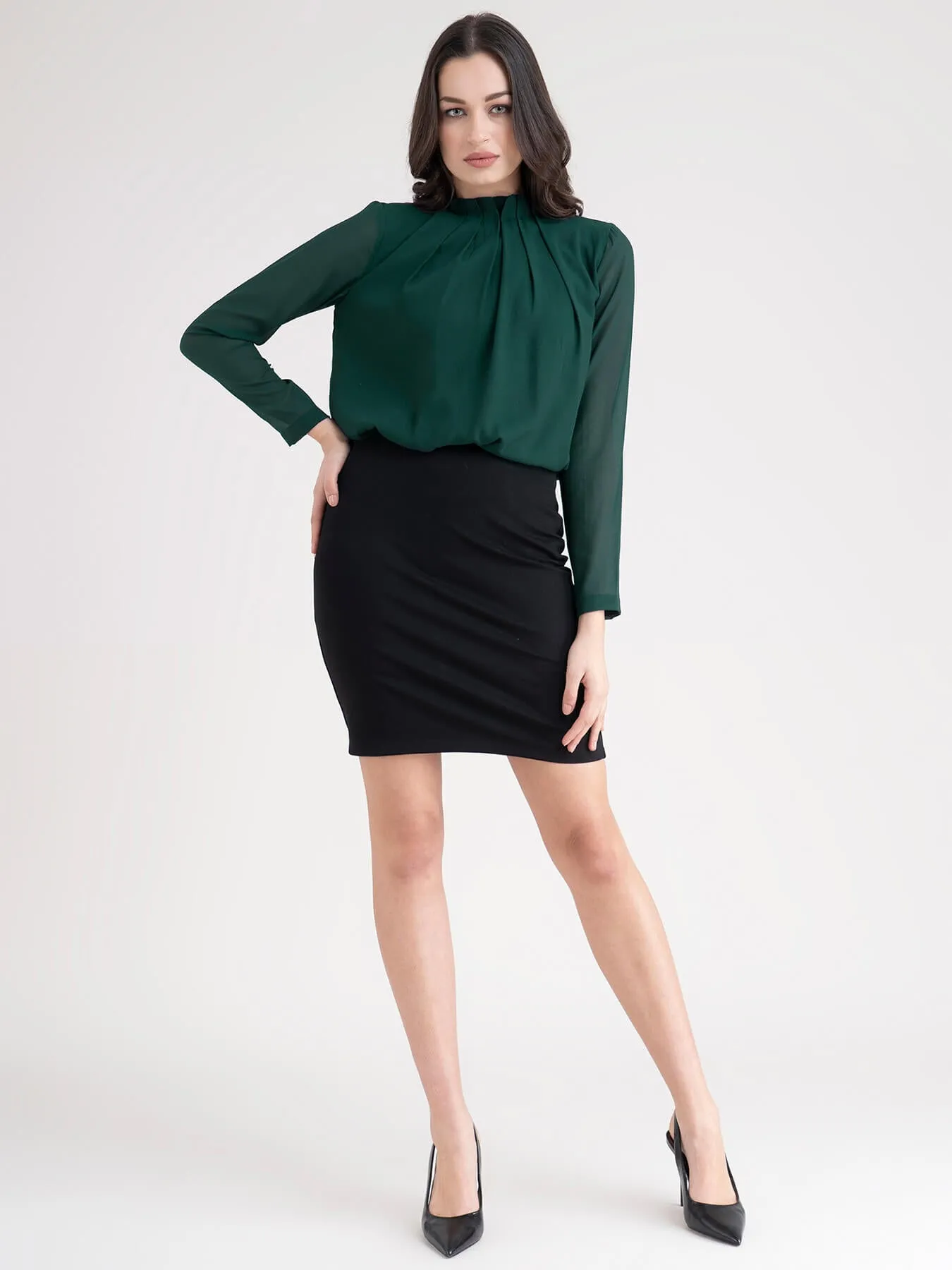 High Neck Box Pleats Top - Bottle Green