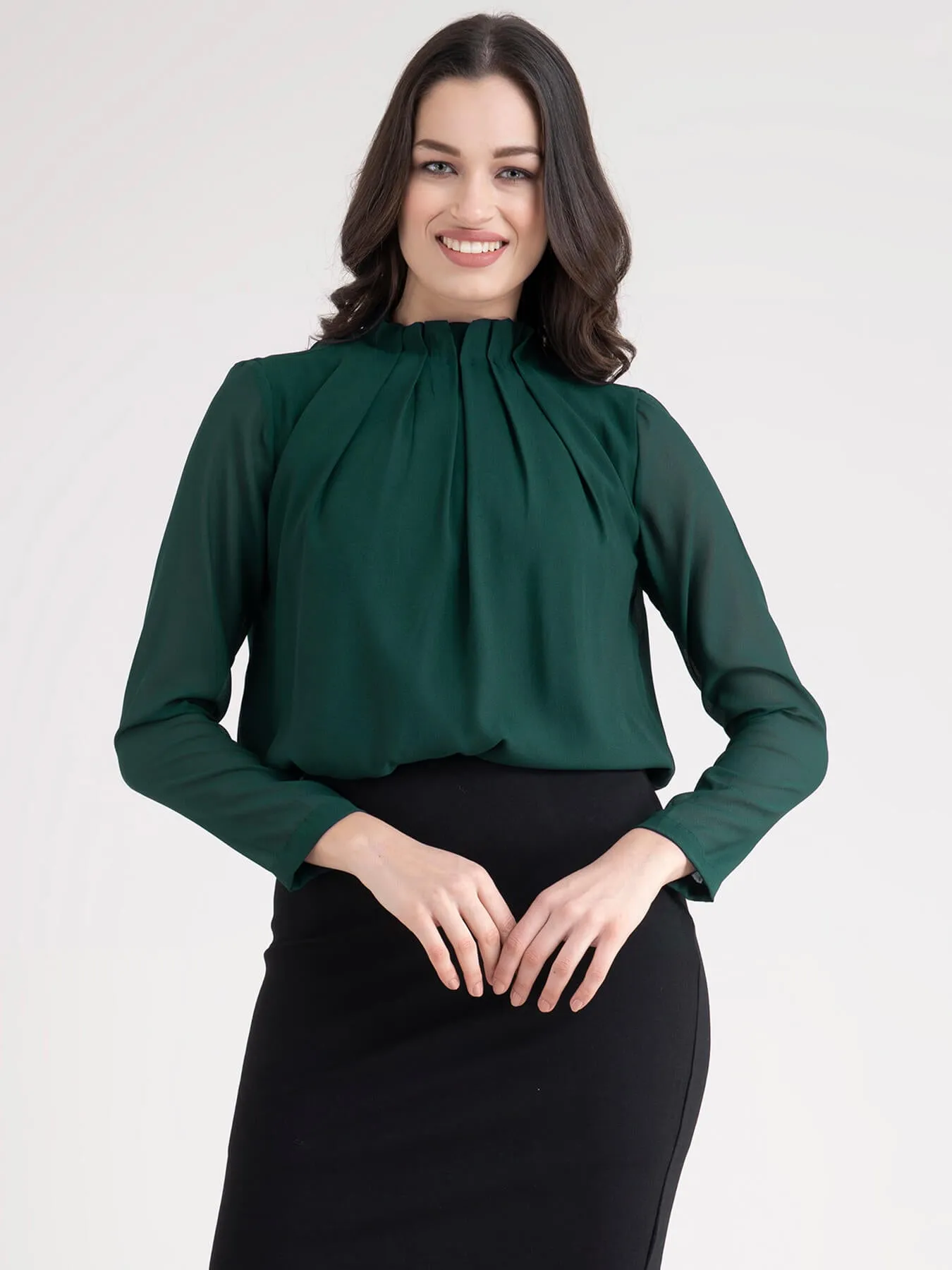 High Neck Box Pleats Top - Bottle Green