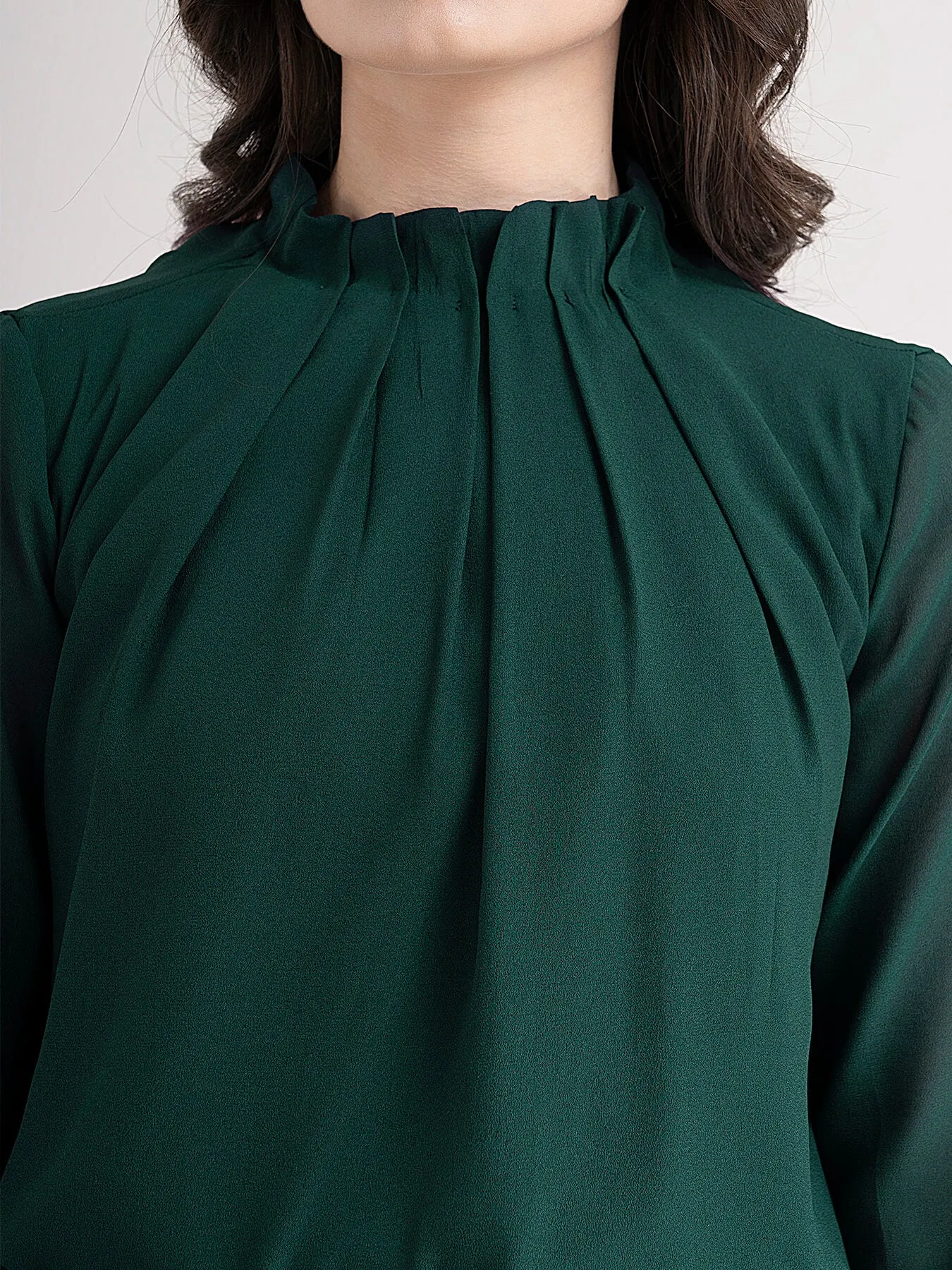 High Neck Box Pleats Top - Bottle Green