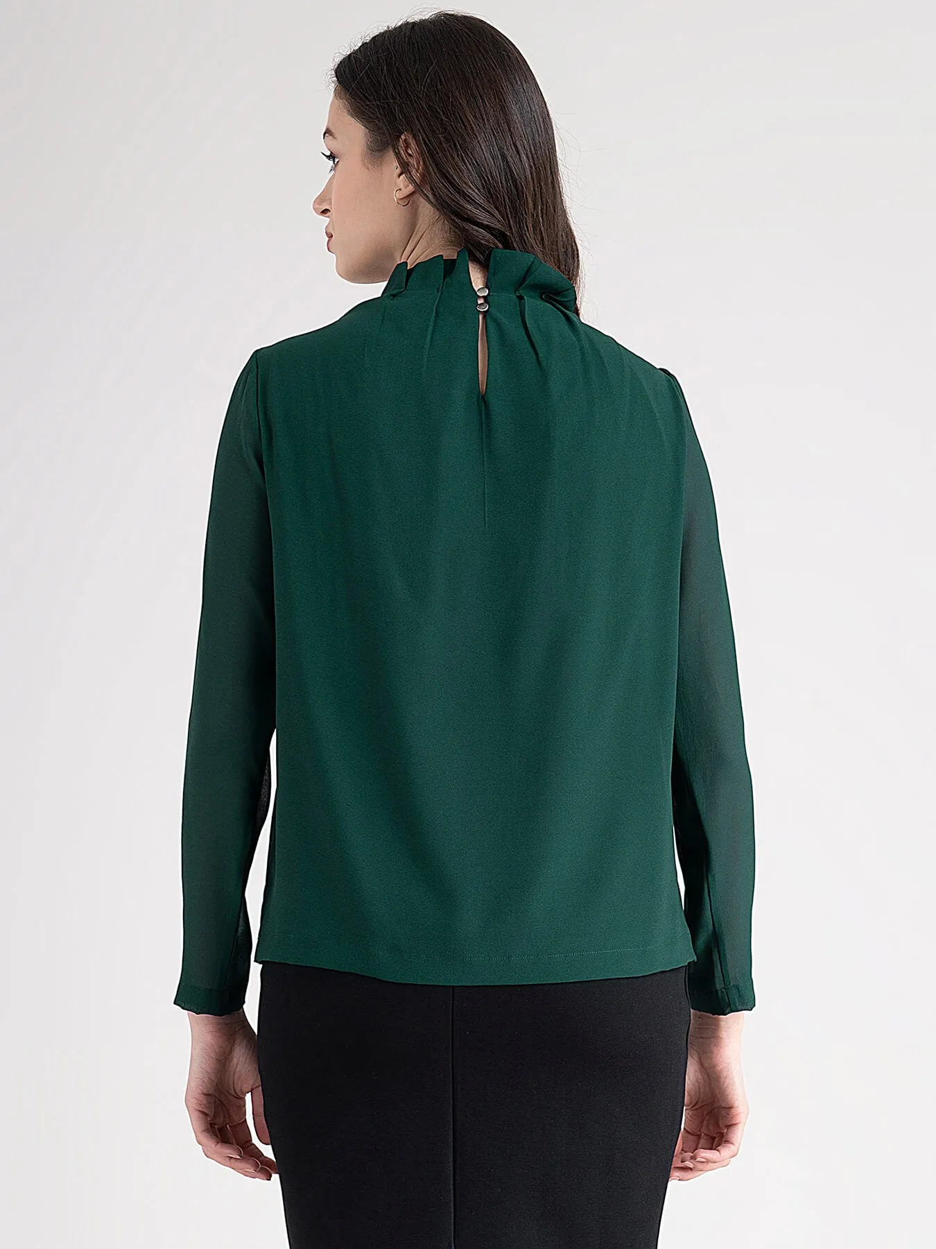 High Neck Box Pleats Top - Bottle Green