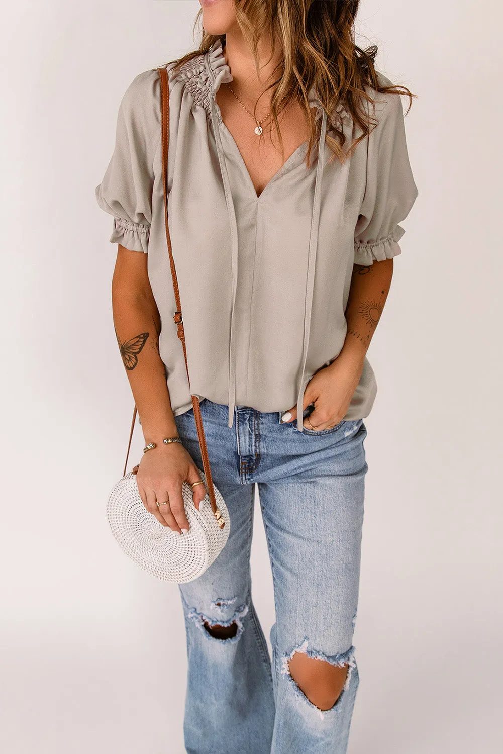 Khaki Split Frill Neck Puff Sleeve Blouse