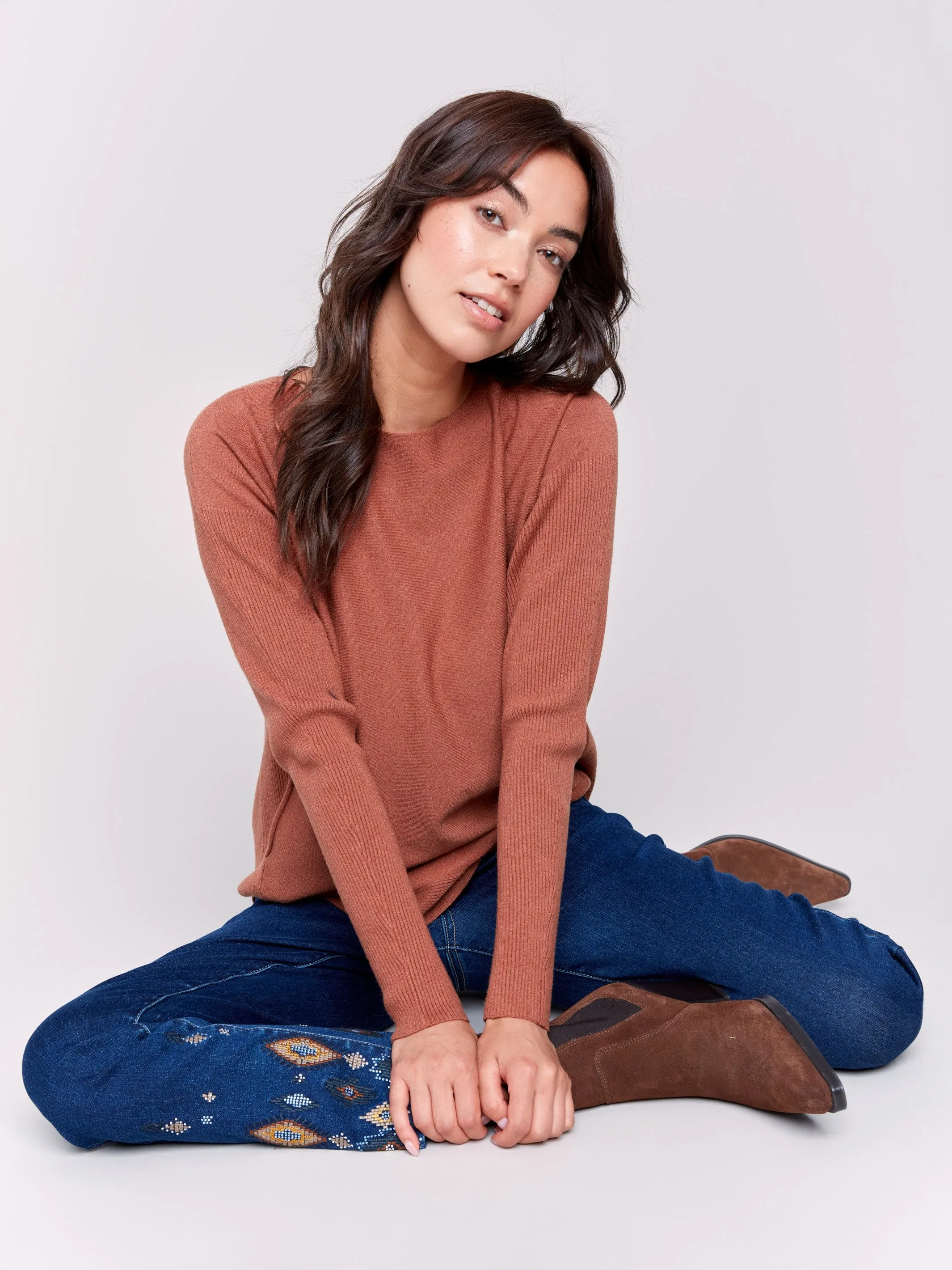 Knit Sweater with Back Detail Lace-Up - Terracotta