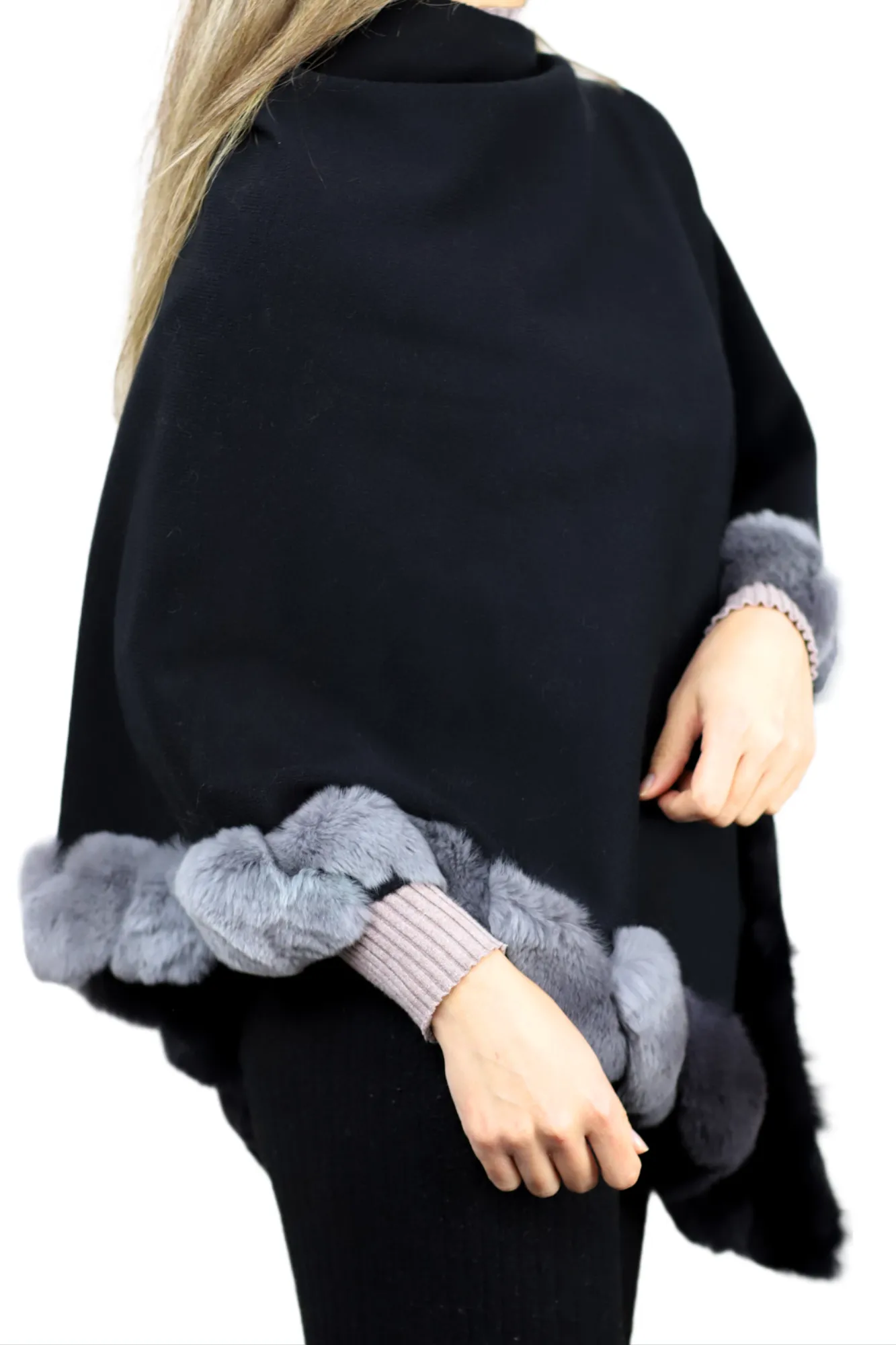 La Fiorentina | Asymmetrical Poncho with Ombre Fur Trim - Black