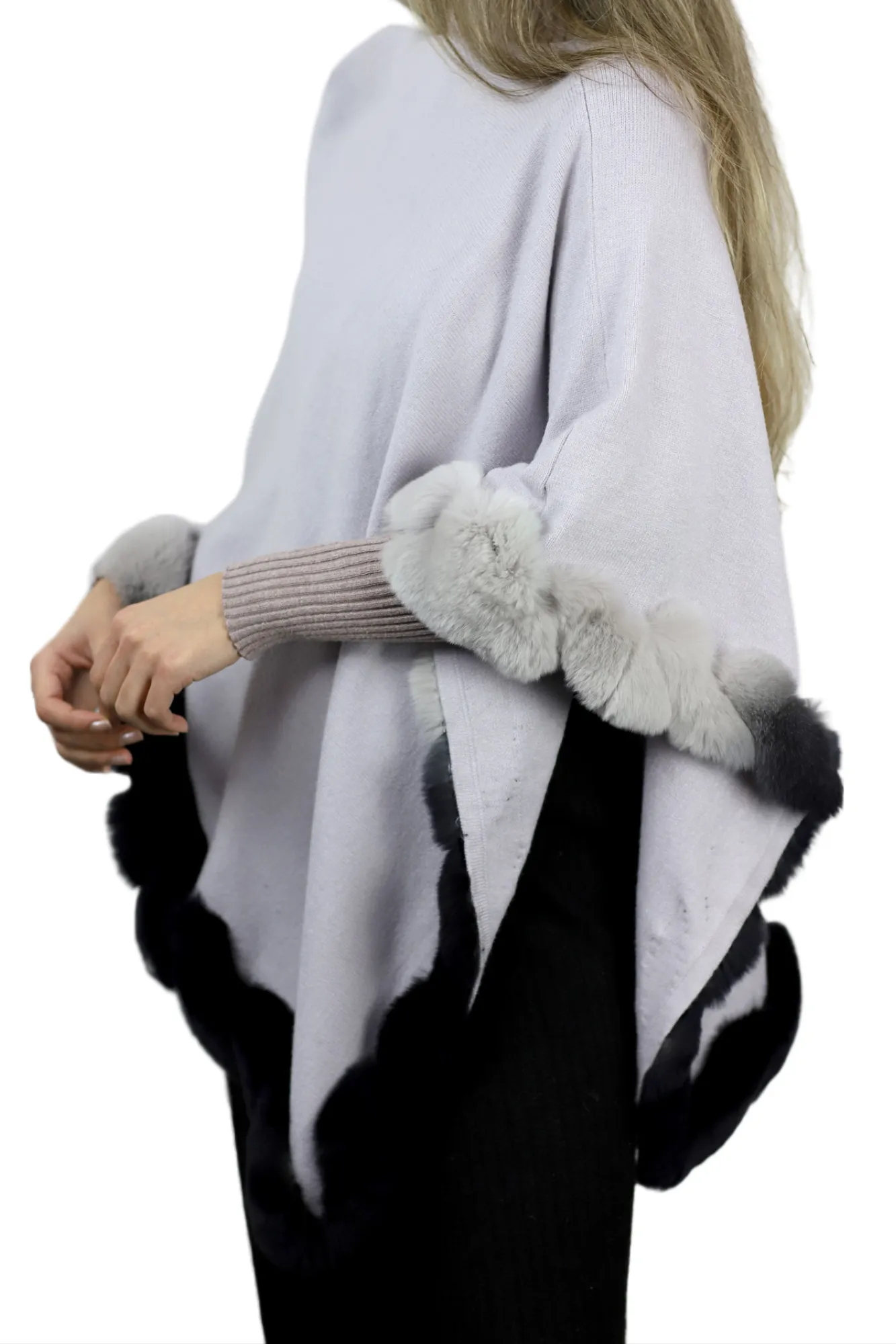 La Fiorentina | Asymmetrical Poncho with Ombre Fur Trim - Gray