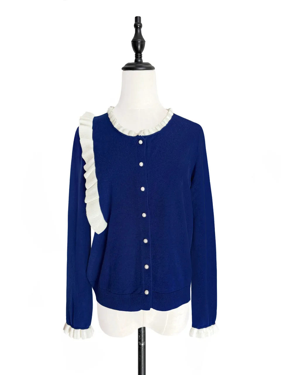 Last Chance! Blue/ Ivory Contrast Ruffle Cashmere & Wool Cardigan