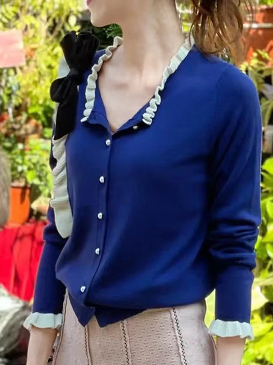 Last Chance! Blue/ Ivory Contrast Ruffle Cashmere & Wool Cardigan