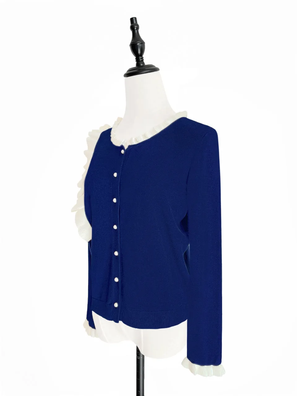 Last Chance! Blue/ Ivory Contrast Ruffle Cashmere & Wool Cardigan