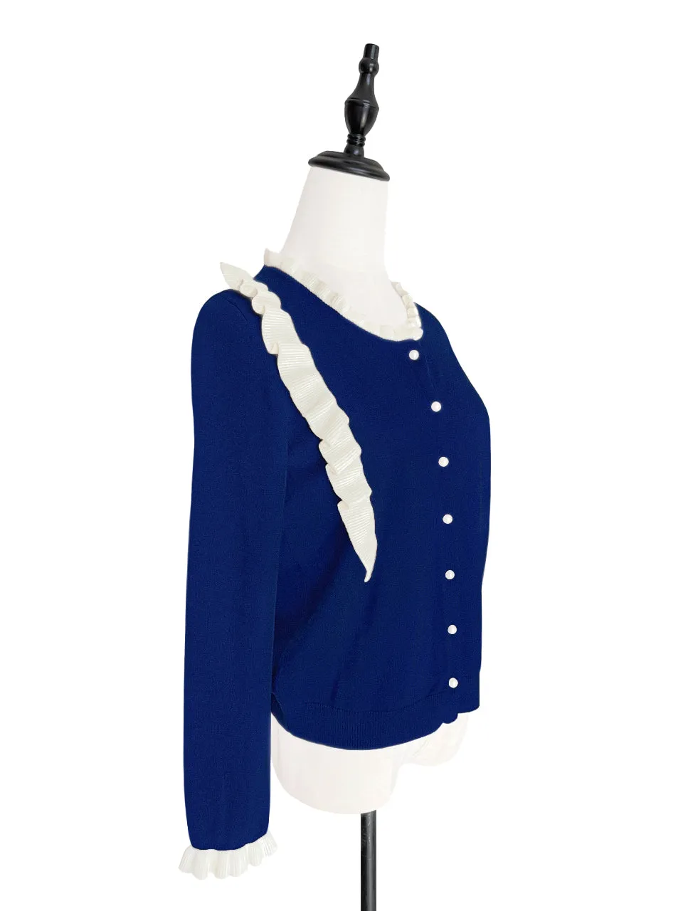 Last Chance! Blue/ Ivory Contrast Ruffle Cashmere & Wool Cardigan