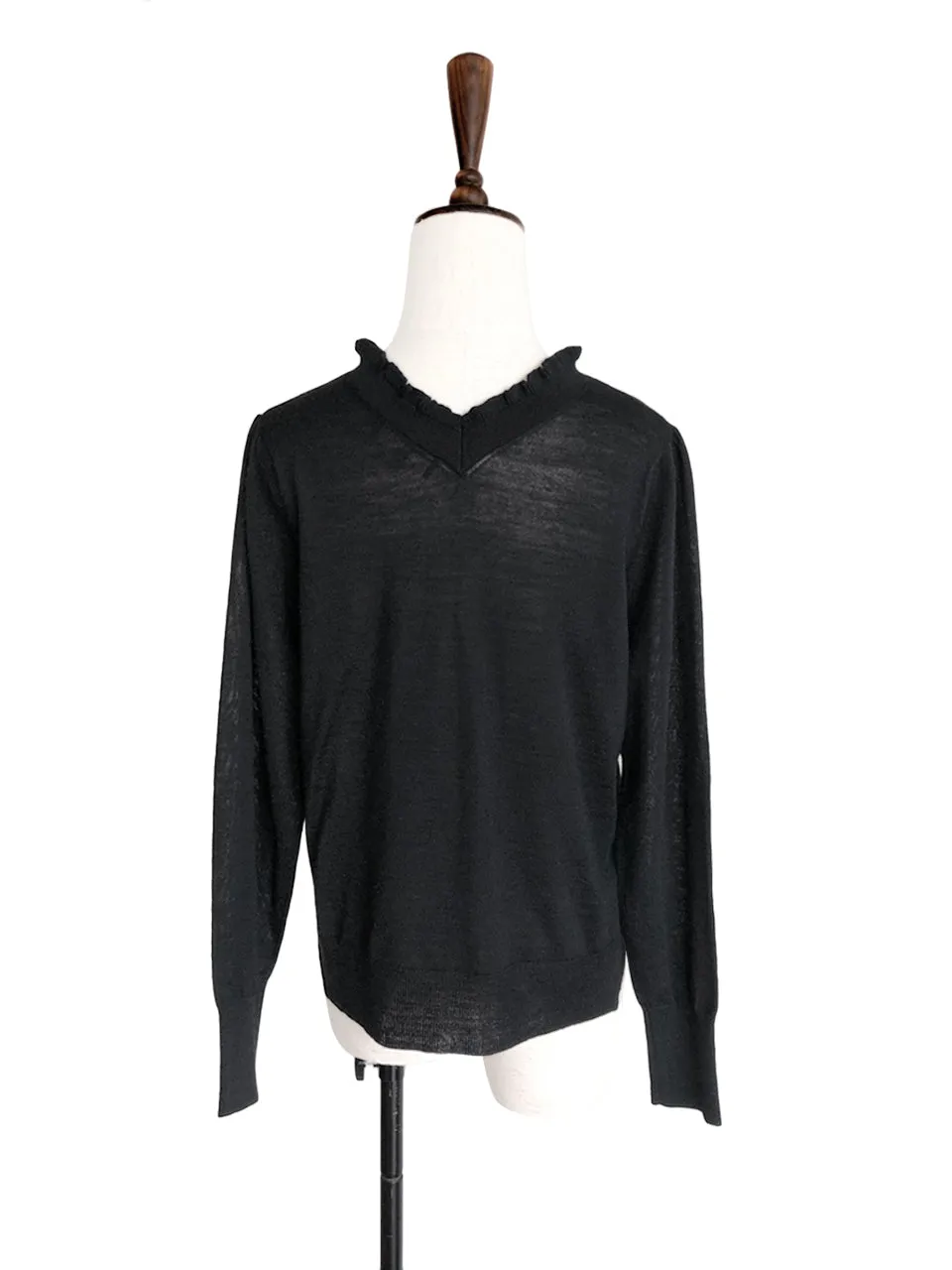 Last Chance! Classic Black Double V-Neck Frill Detail Cashmere Blend Cardigan Top