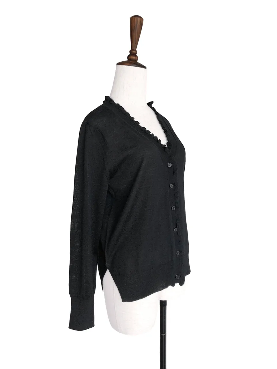 Last Chance! Classic Black Double V-Neck Frill Detail Cashmere Blend Cardigan Top