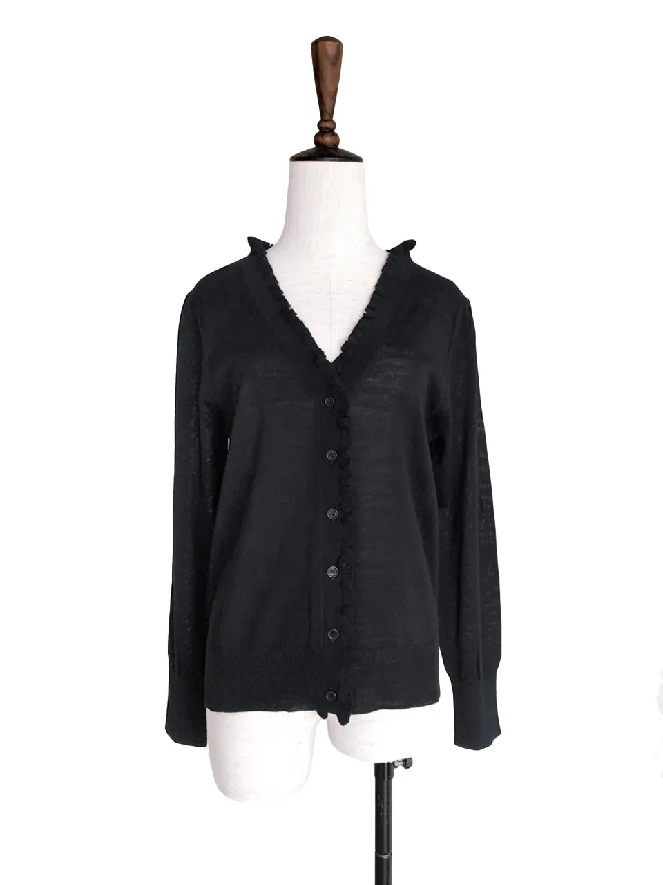 Last Chance! Classic Black Double V-Neck Frill Detail Cashmere Blend Cardigan Top