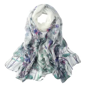 Long Silk Chiffon Scarf White Theme Floral Print SCH309