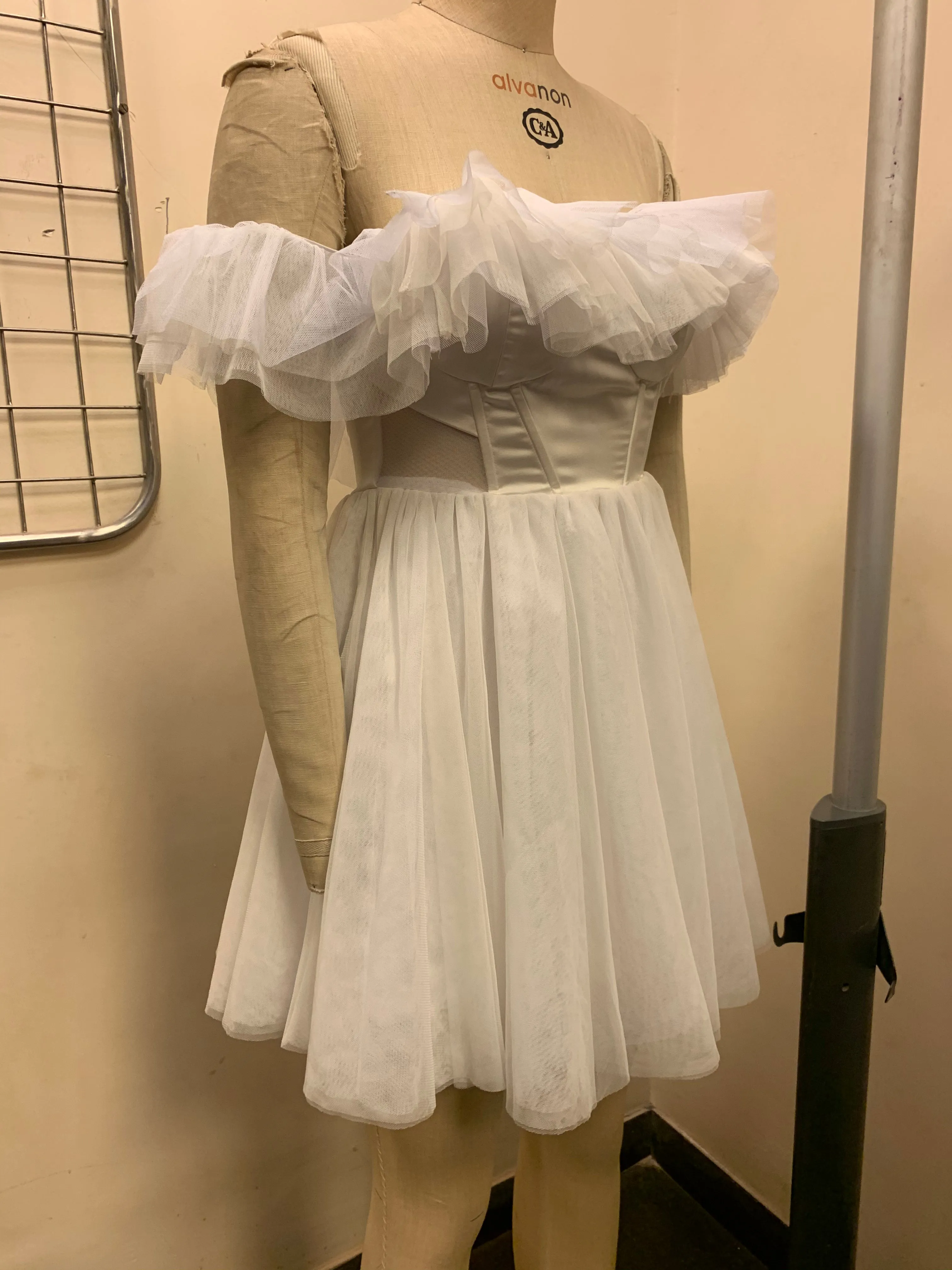 Maxine White Ruffle Tulle Corset Dress Fit Sample