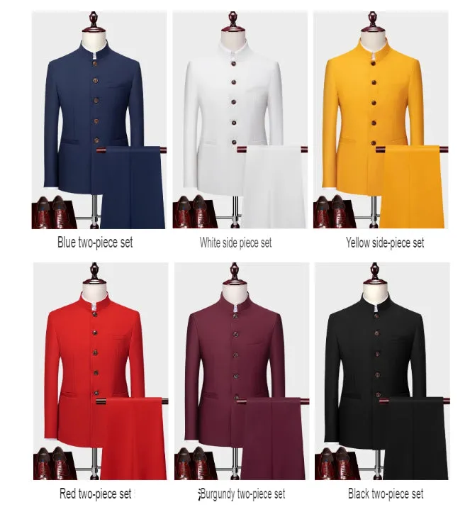 Men's Casual Business Suit Stand-Up Collar Zhongshan Solid Color Single-Breasted Two-Piece Suit | 203