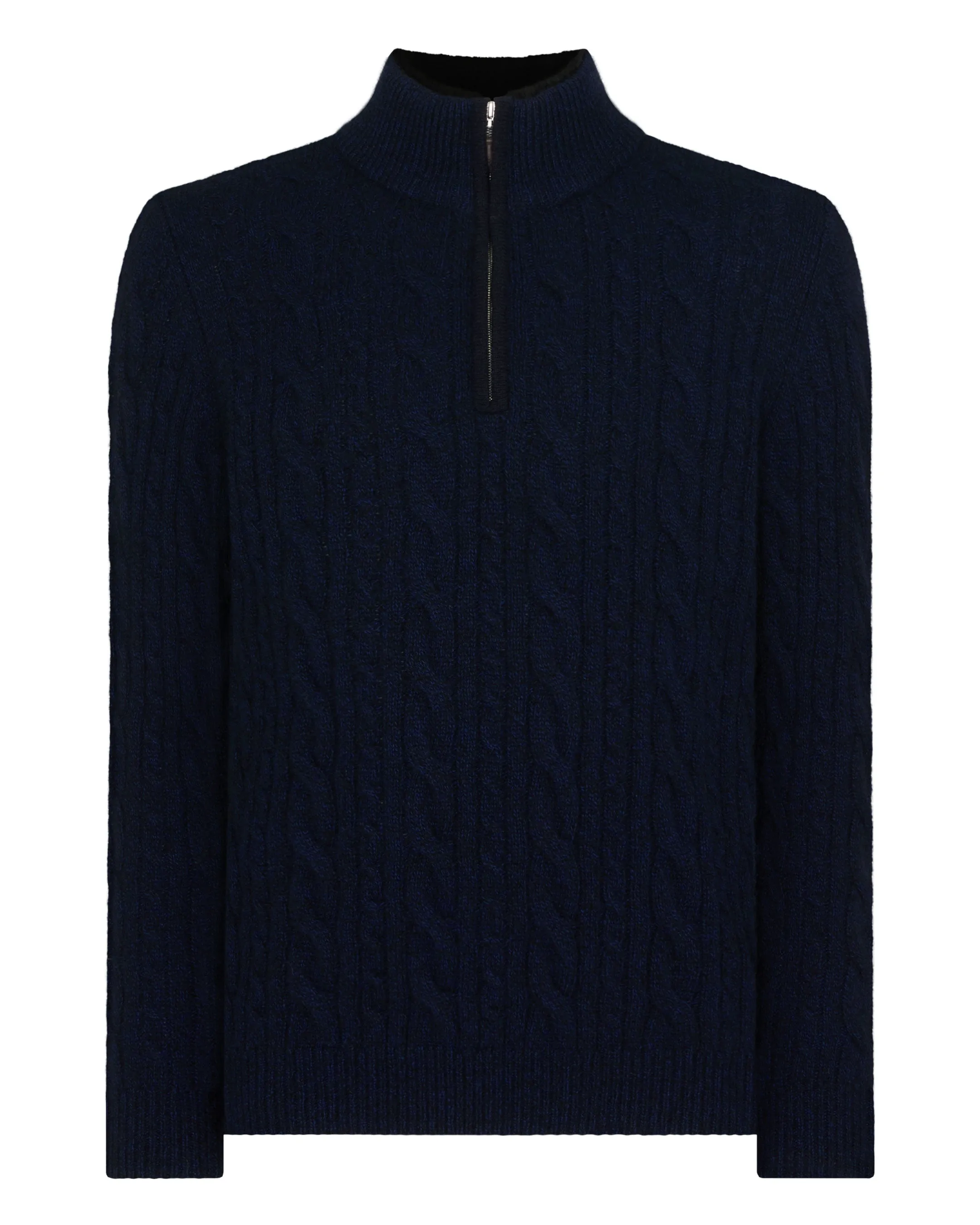 Men's Fur Trim Half Zip Cashmere Jumper Navy Blue Melange