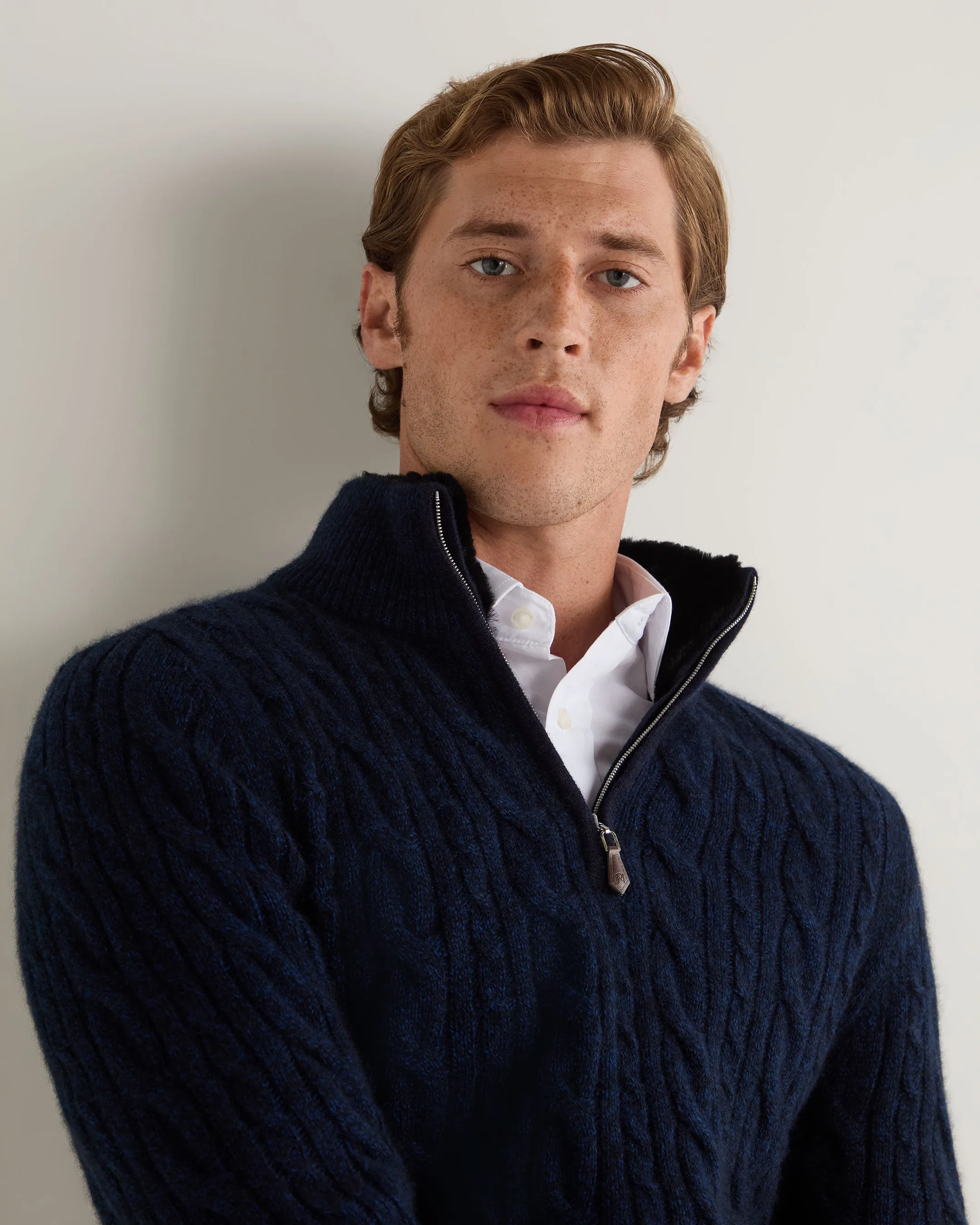 Men's Fur Trim Half Zip Cashmere Jumper Navy Blue Melange