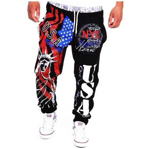 Men's Lace-Up Fashion Sports Jogger Pants Statue of Liberty American Flag Printing Hip-hop Sweatpants