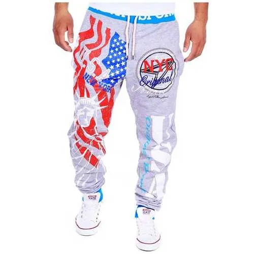 Men's Lace-Up Fashion Sports Jogger Pants Statue of Liberty American Flag Printing Hip-hop Sweatpants