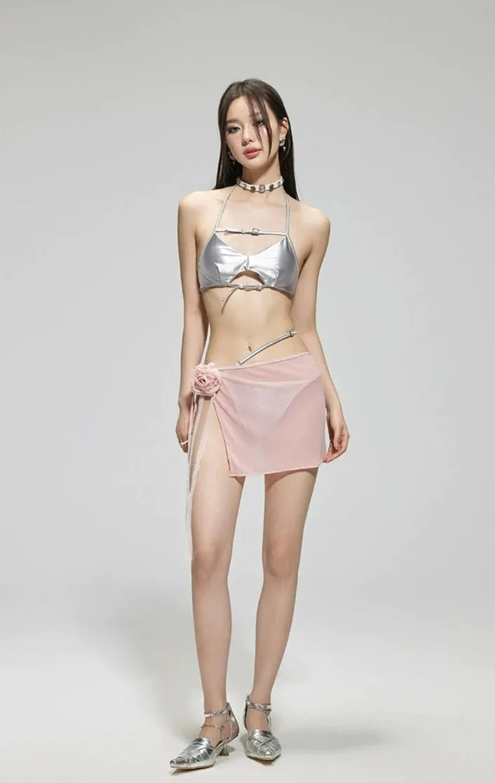 Metallic Halter Top Bikini with Sheer Sarong