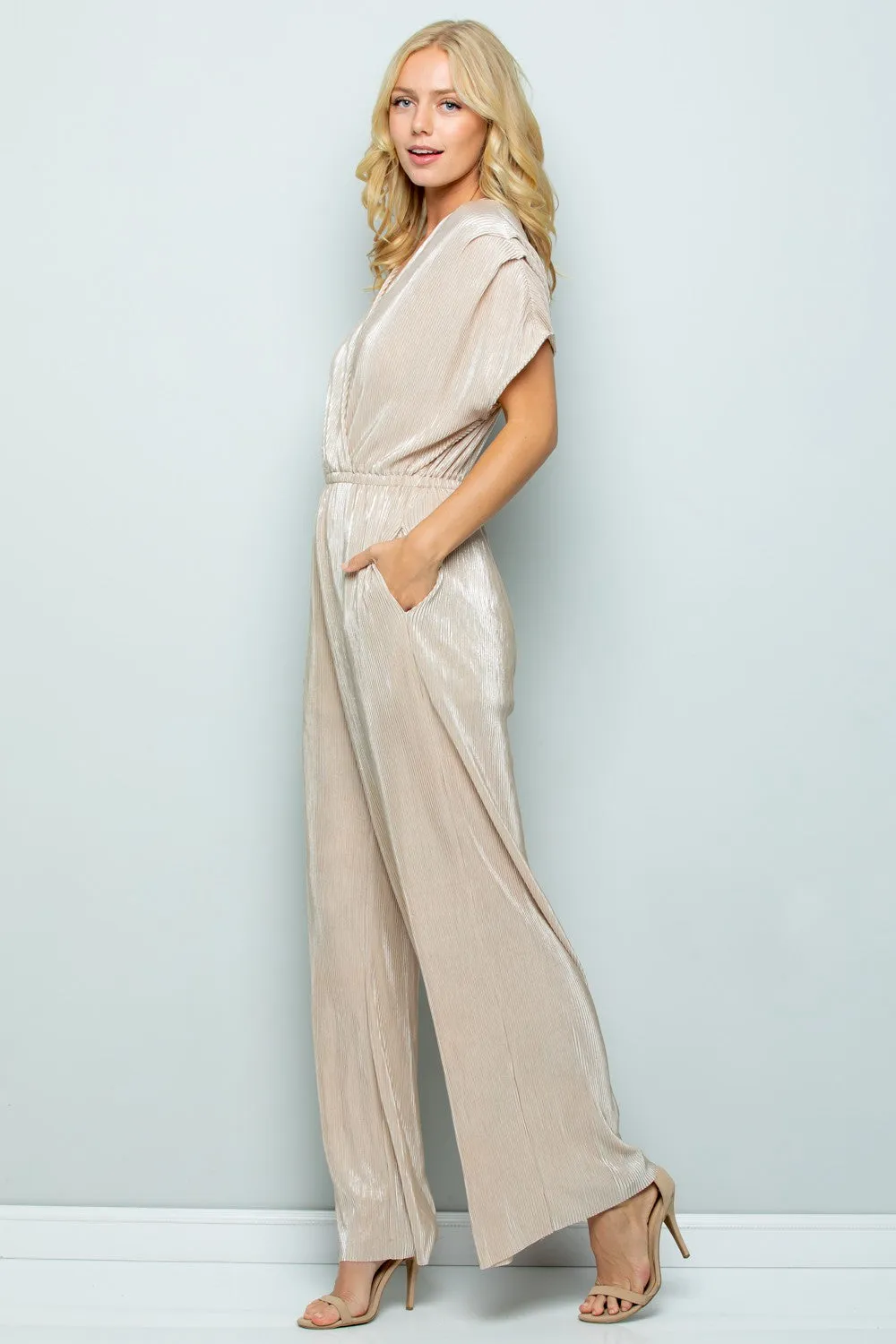 Metallic Pleats Jumpsuit | Gold