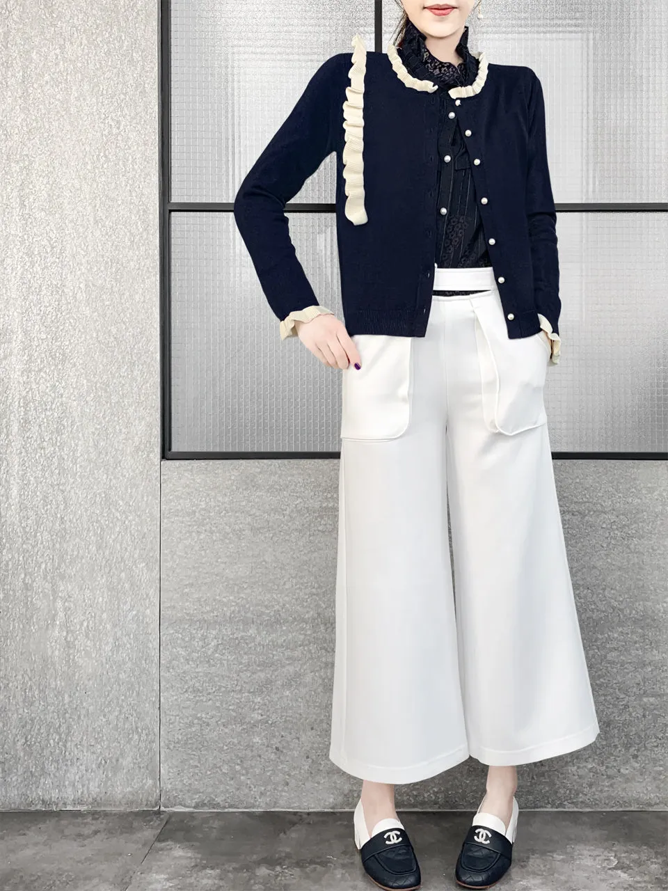 Navy/ Ivory Contrast Ruffle Cashmere & Wool Cardigan