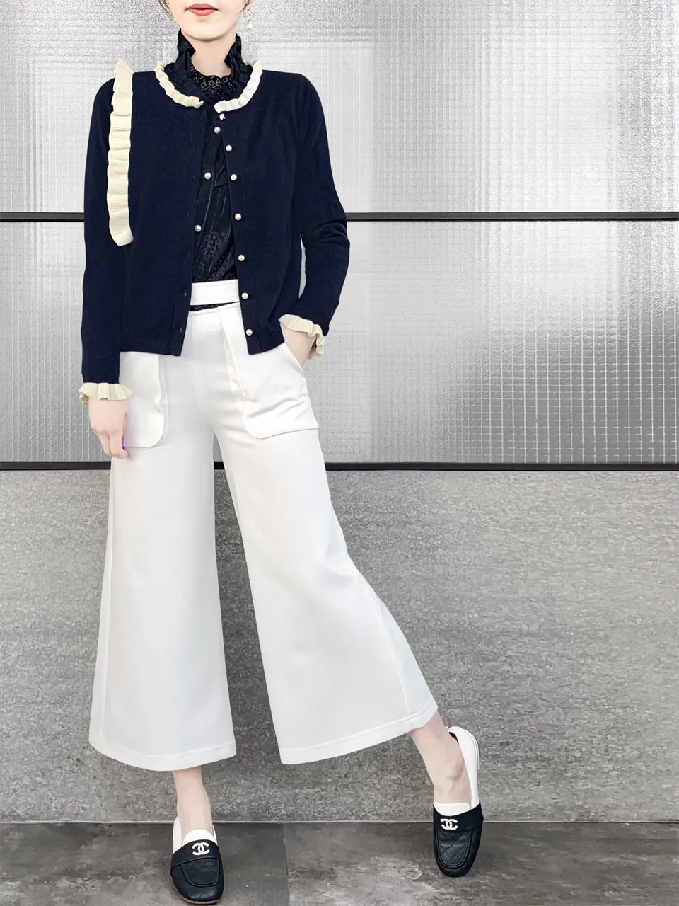 Navy/ Ivory Contrast Ruffle Cashmere & Wool Cardigan