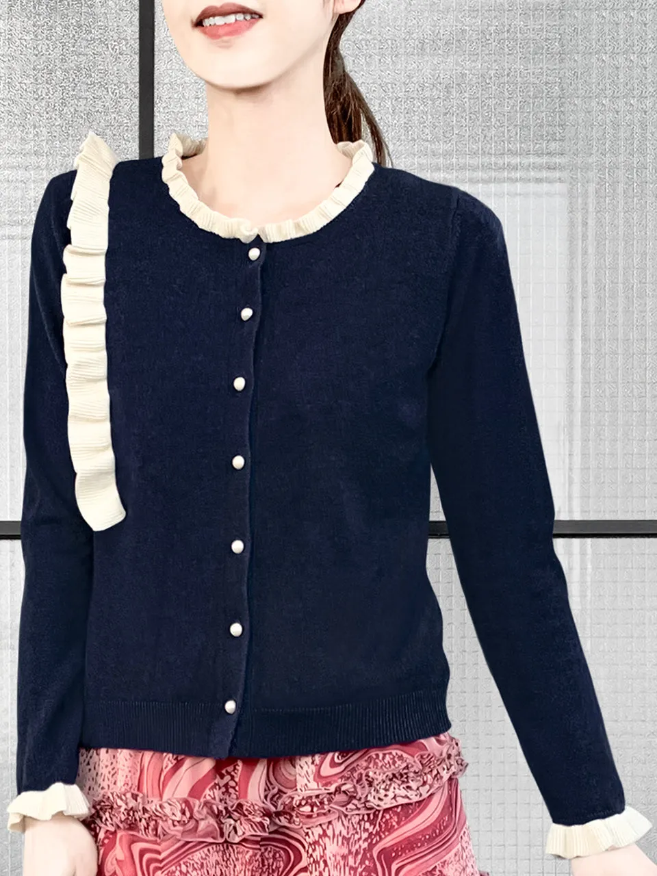 Navy/ Ivory Contrast Ruffle Cashmere & Wool Cardigan