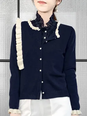 Navy/ Ivory Contrast Ruffle Cashmere & Wool Cardigan