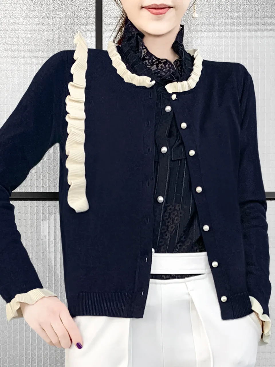 Navy/ Ivory Contrast Ruffle Cashmere & Wool Cardigan