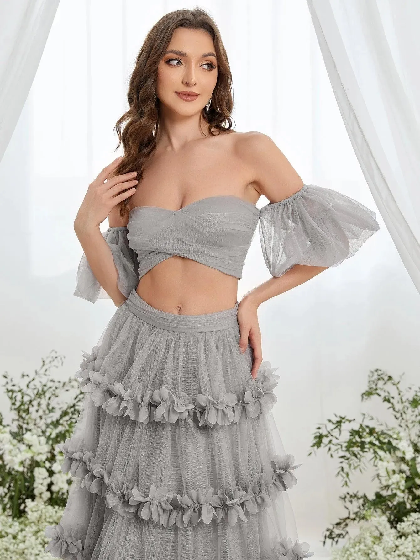 Off Shoulder Puff Sleeve Crop Top & Frill Trim Mesh Skirt