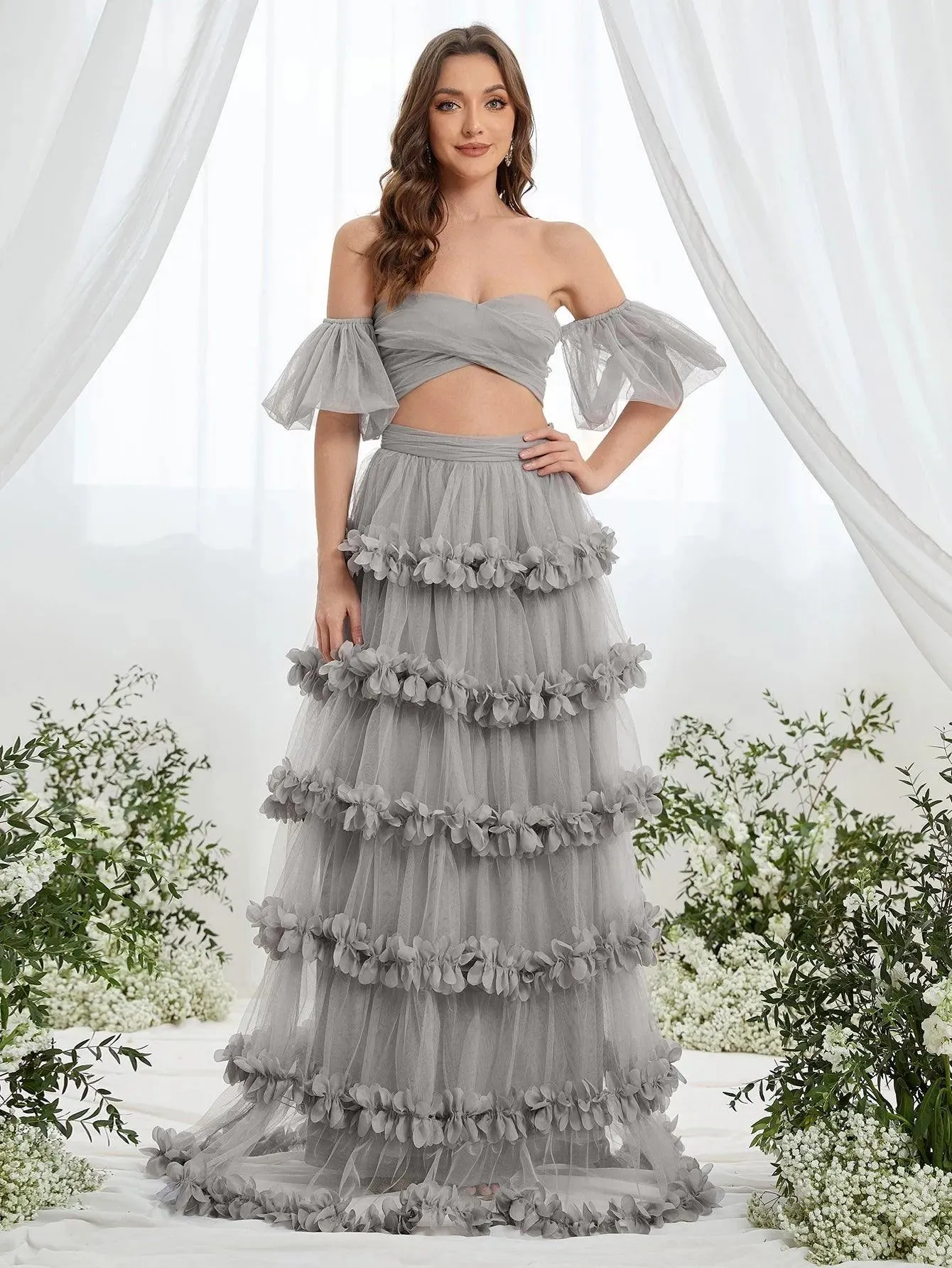 Off Shoulder Puff Sleeve Crop Top & Frill Trim Mesh Skirt