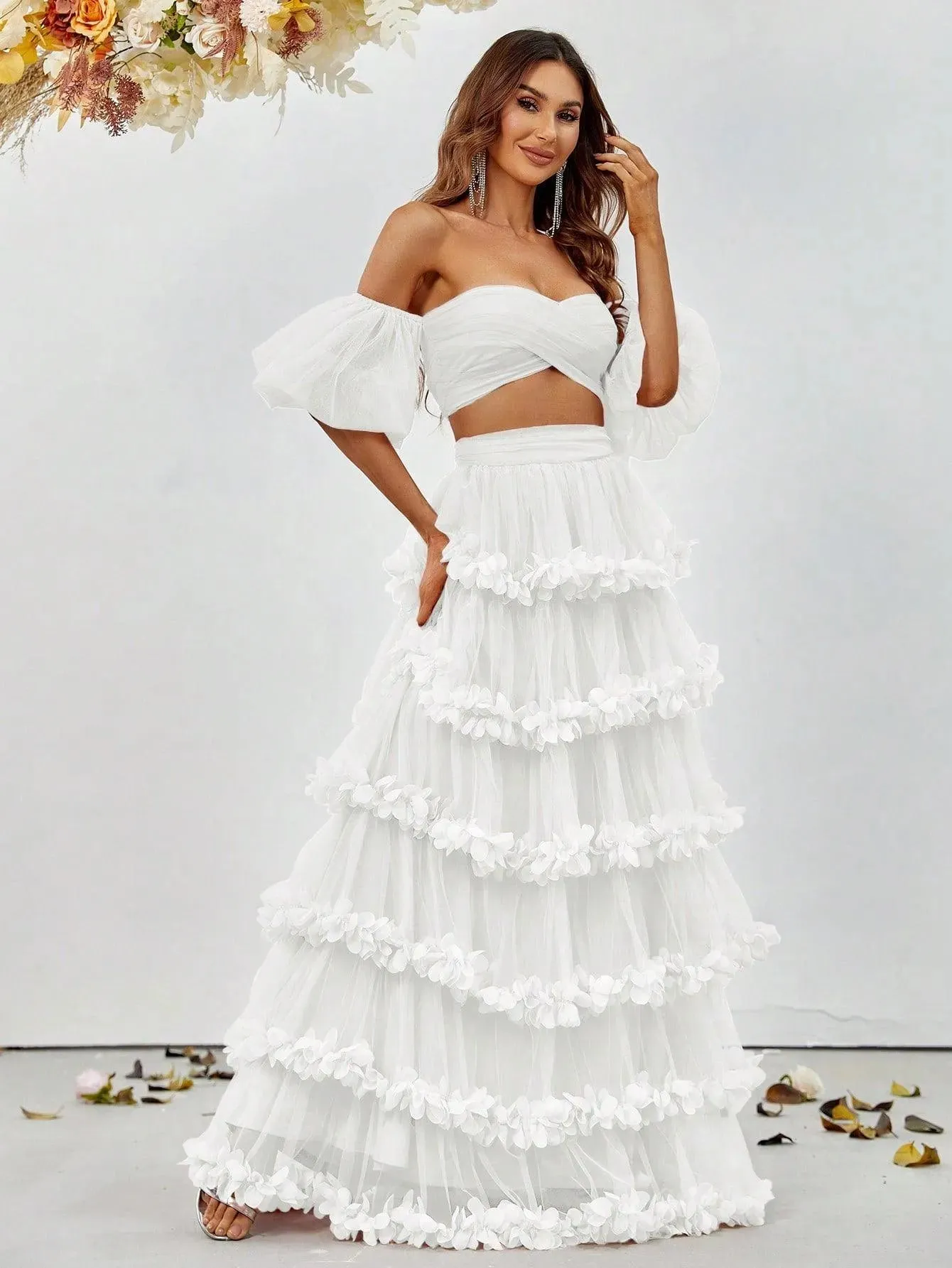 Off Shoulder Puff Sleeve Crop Top & Frill Trim Mesh Skirt