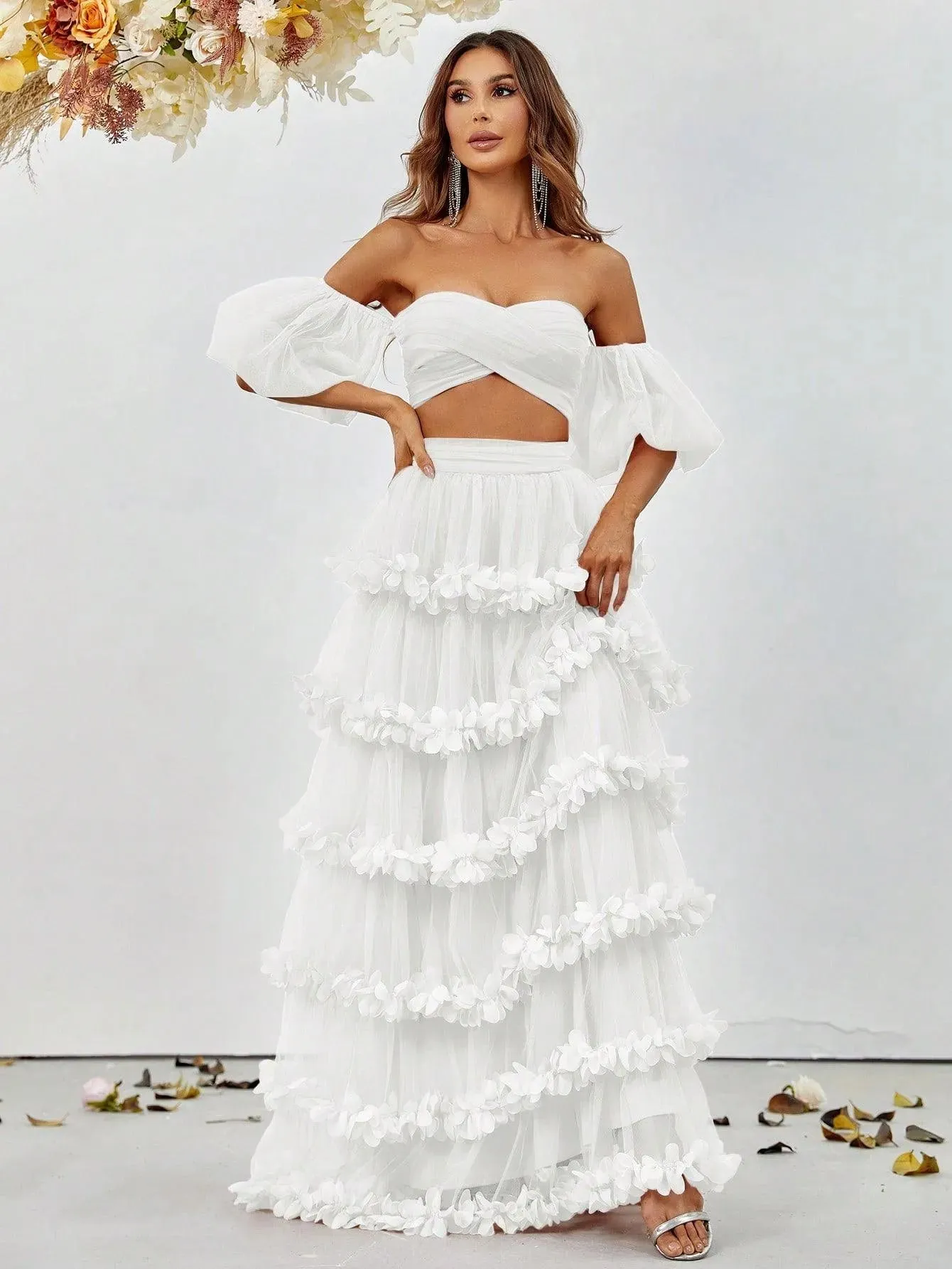 Off Shoulder Puff Sleeve Crop Top & Frill Trim Mesh Skirt