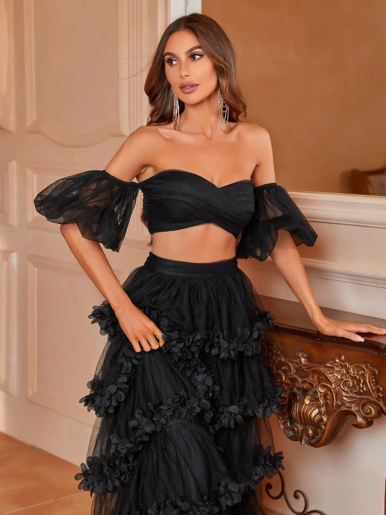 Off Shoulder Puff Sleeve Crop Top & Frill Trim Mesh Skirt