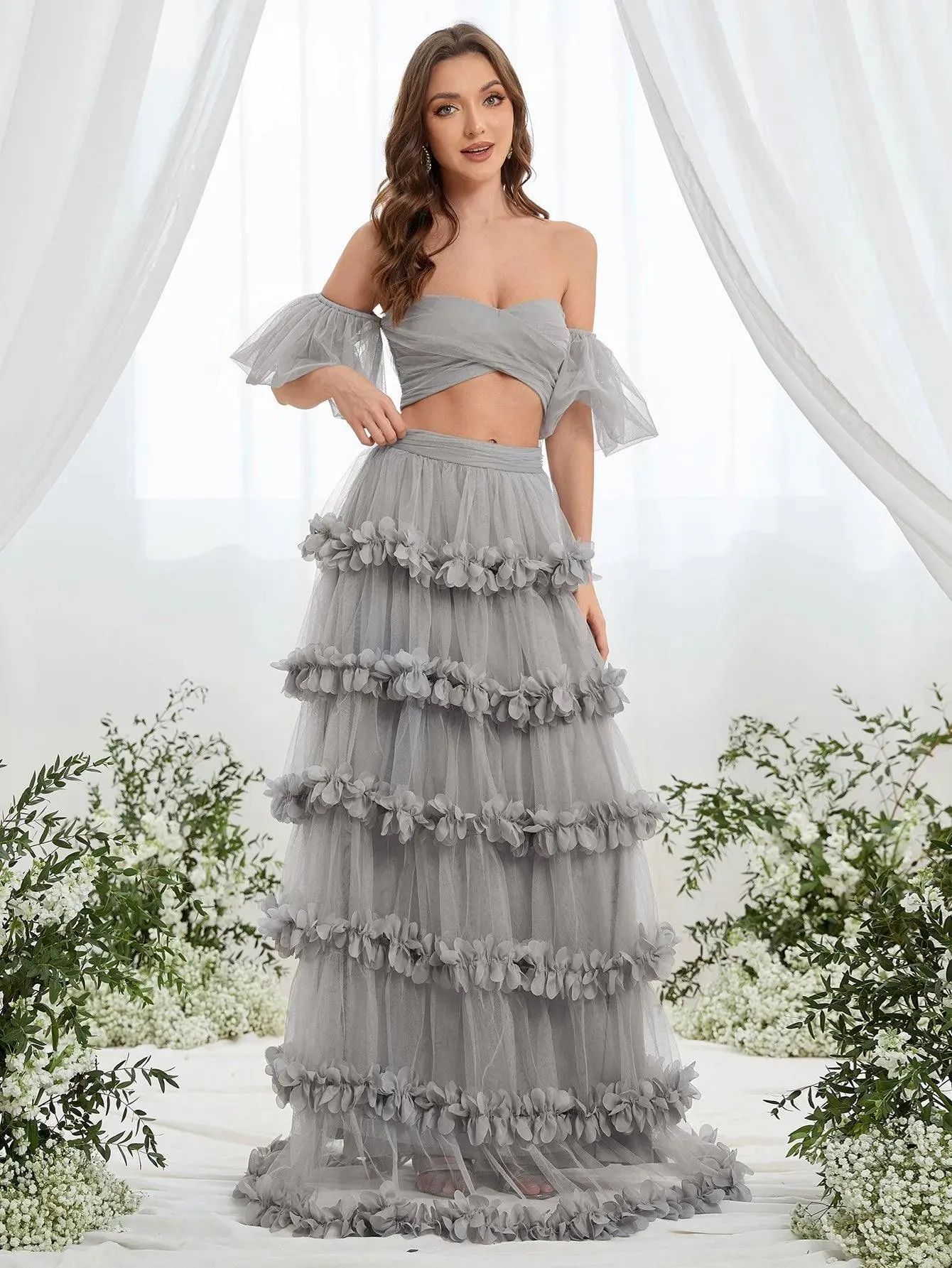 Off Shoulder Puff Sleeve Crop Top & Frill Trim Mesh Skirt